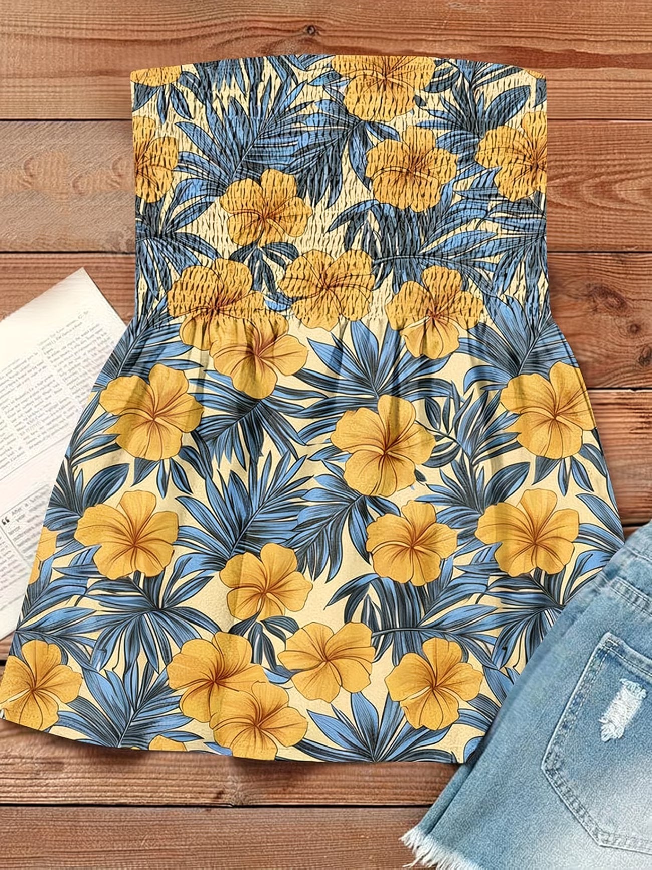 Floral Smocked Bandeau Top — Ruffle Sleeve & Hem