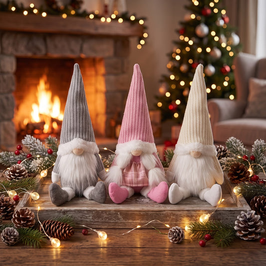 Nordic Christmas Gnome Figurines Set of 3 | Pink, Grey & White
