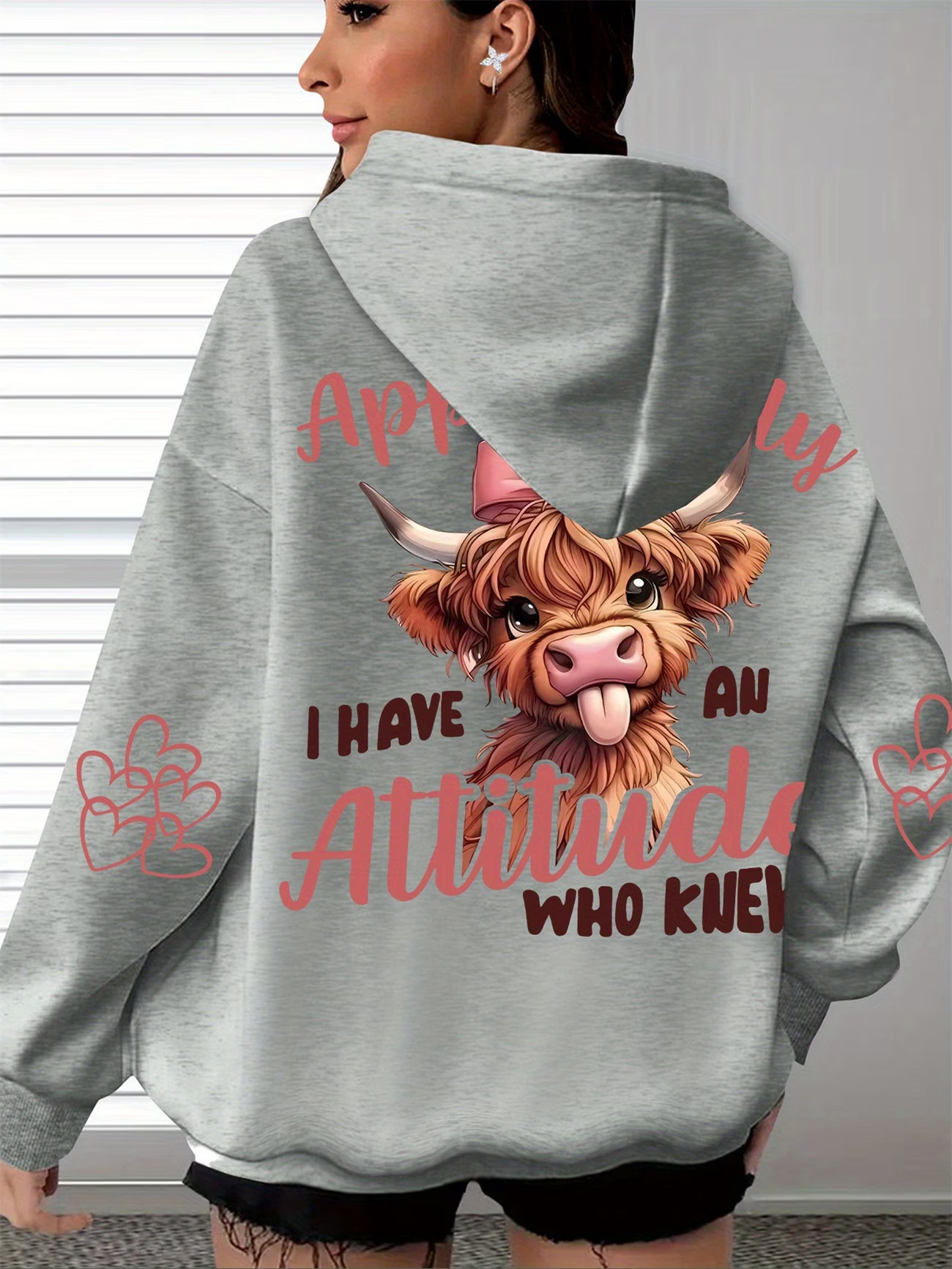 Cow Print 'I Have An Attitude, Who Knew' Women's Soft Casual Long-Sleeve Pocket Top hoodie