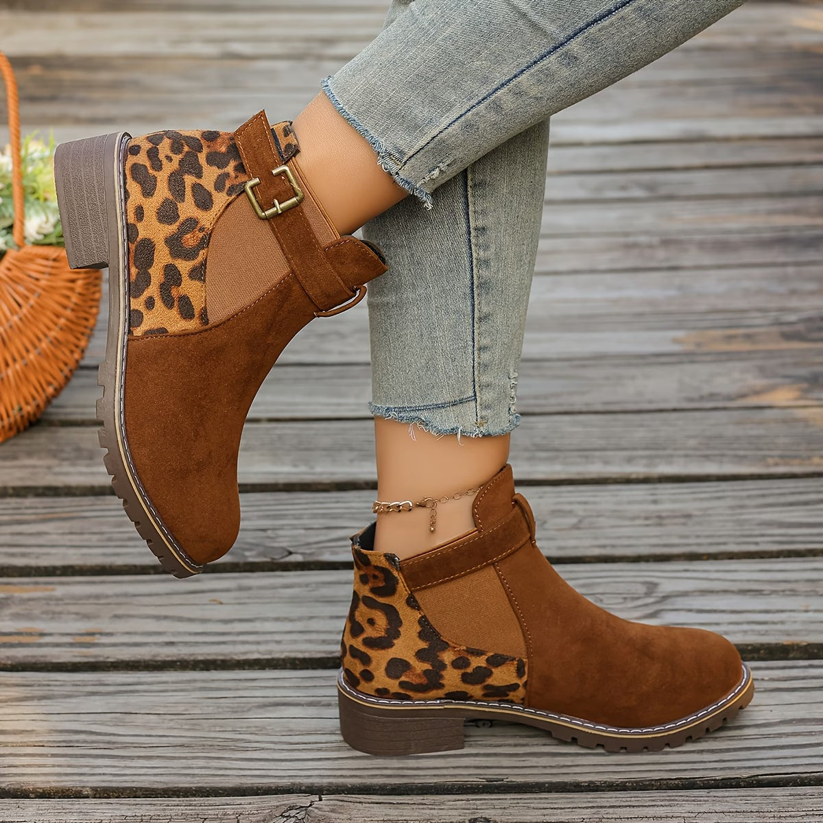 Women’s Leopard Print Chelsea Boots with Bronze-Tone Buckle