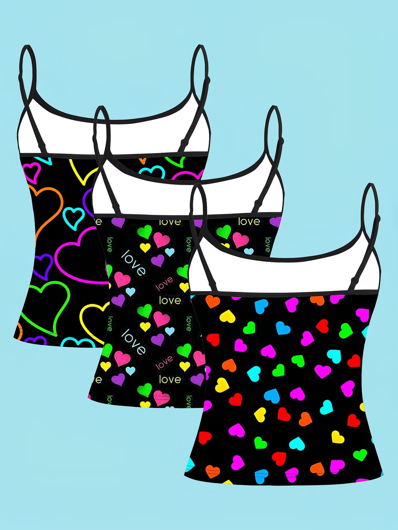 Neon Heart & Love Print Cami Tank Top – 3-Pack Women's