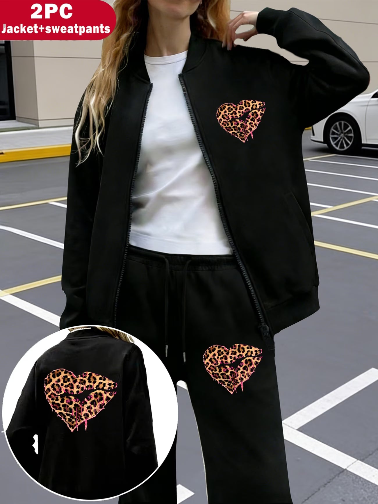2-Piece Leopard Print Heart Pattern Jacket & Joggers Set