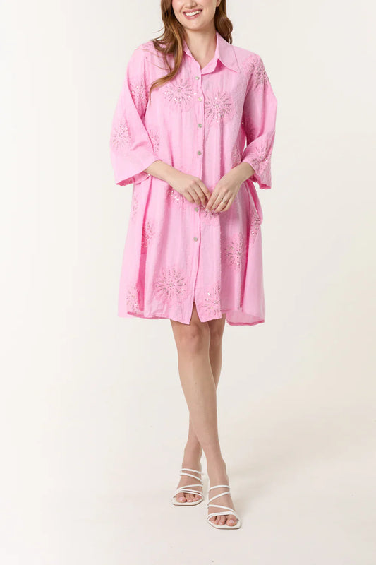 Sequin Daisy Cotton Dobby Shirt Dress – One Size Fits UK 8–16