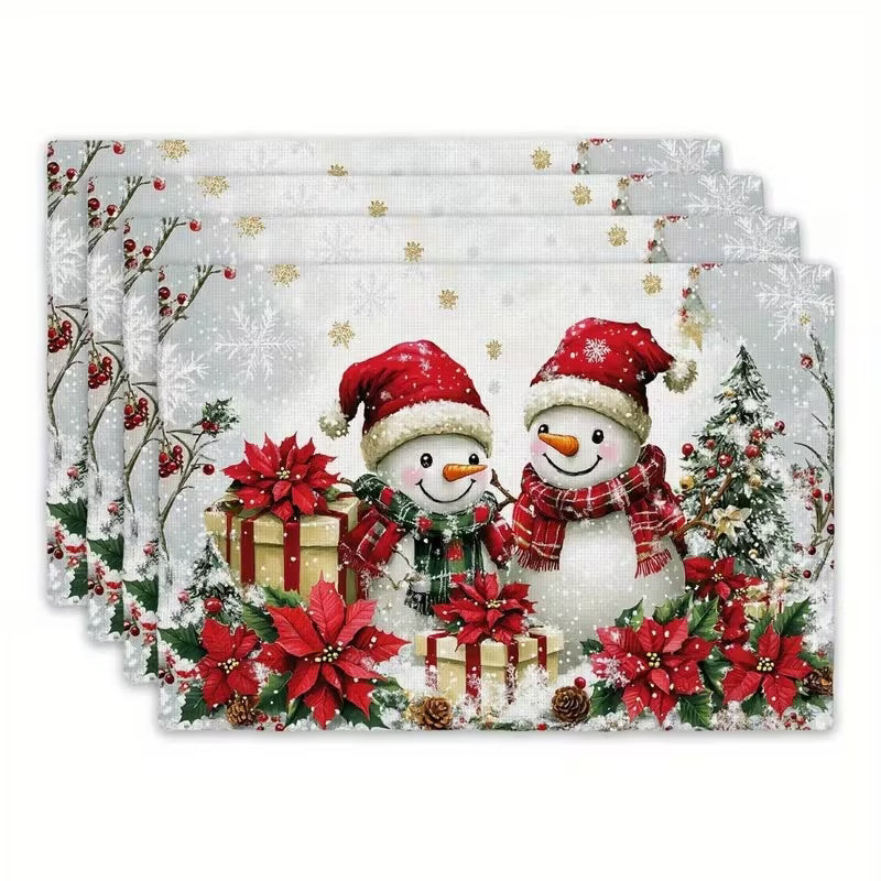 Christmas Table Mats – Set of 8 | Red & Green Snowmen, Snowflakes & Pine Cone Placemats (30×45cm)