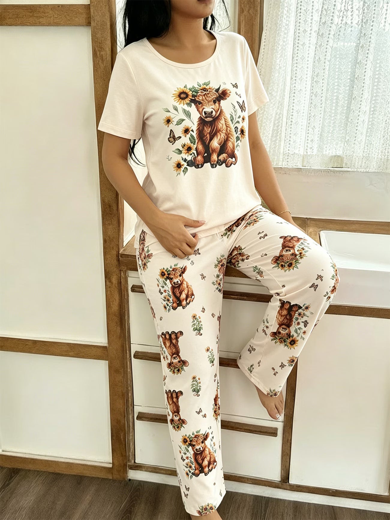 Women's Yosemite Style Pajama Set – Highland Cow, Sunflower & Butterfly Print