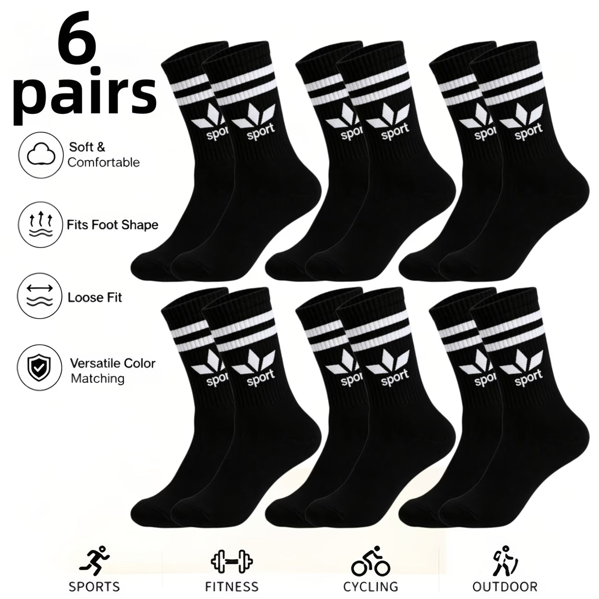6 Pairs Black & White Maple Leaf Mid-Calf Socks
