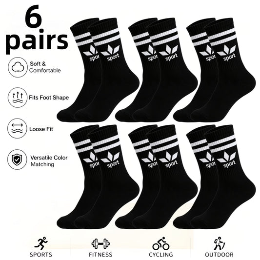 6 Pairs Black & White Maple Leaf Mid-Calf Socks