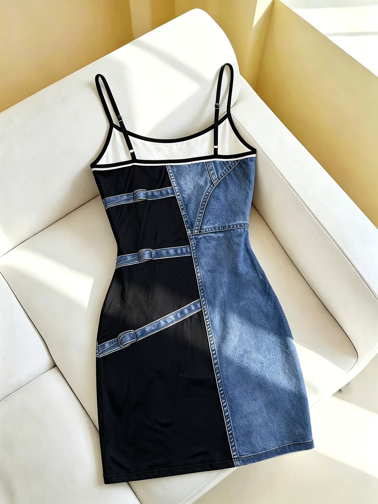 Black & Blue Contrast Faux Denim Patchwork Spaghetti Dress