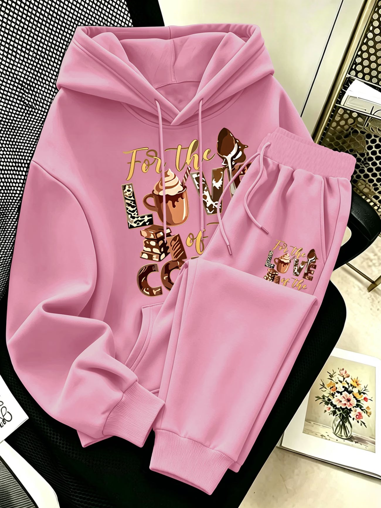 Plus Size Coffee & Dessert Print Hoodie & Pants Set — Vibrant Cute Design
