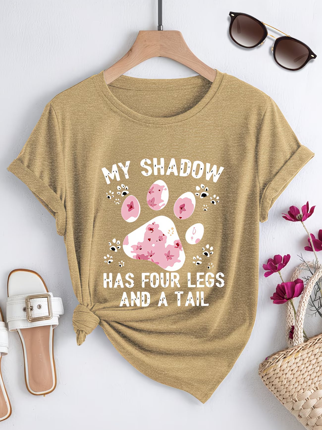 Women's Plus Size Pet Paw Print T-Shirt — "My Shadow Has Four Legs & a Tail"