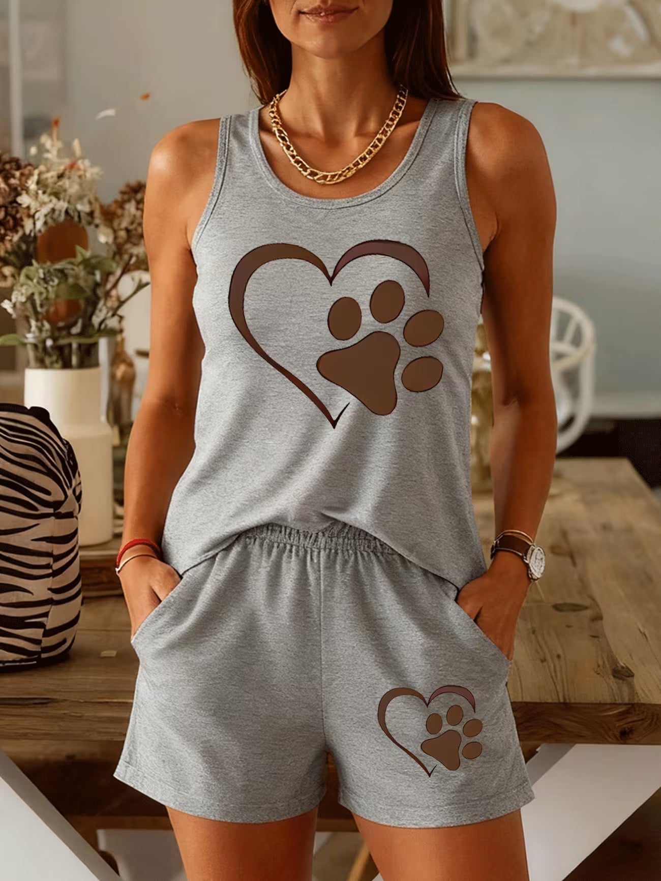 Heart Paw Print Co-Ord Set — Sleeveless Tank Top & Shorts