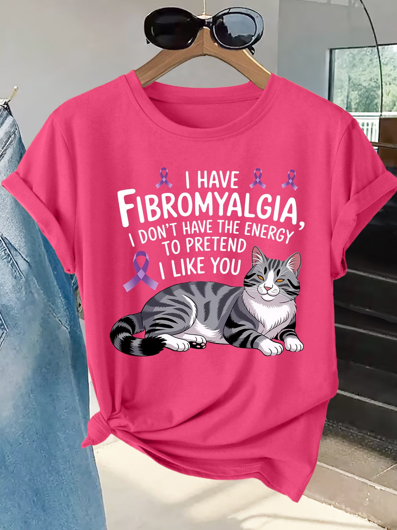 Plus Size Women's Fibromyalgia Awareness T-Shirt – Cat & Ribbon Print Slogan Top