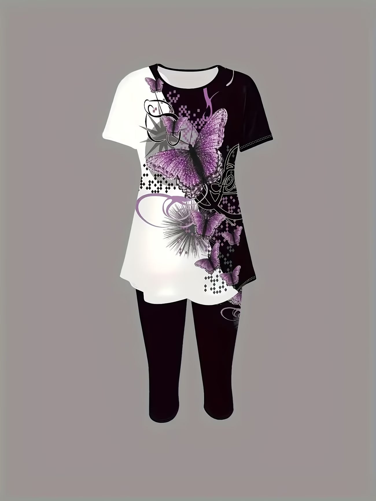 2-Piece Women's T-Shirt & Pants Set – Elegant Butterfly Colour Block Design