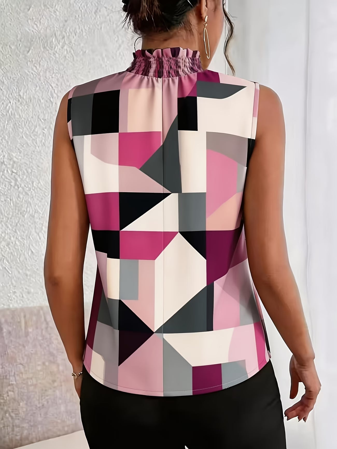Women's Geometric Print Sleeveless Top | Drawstring High Neck