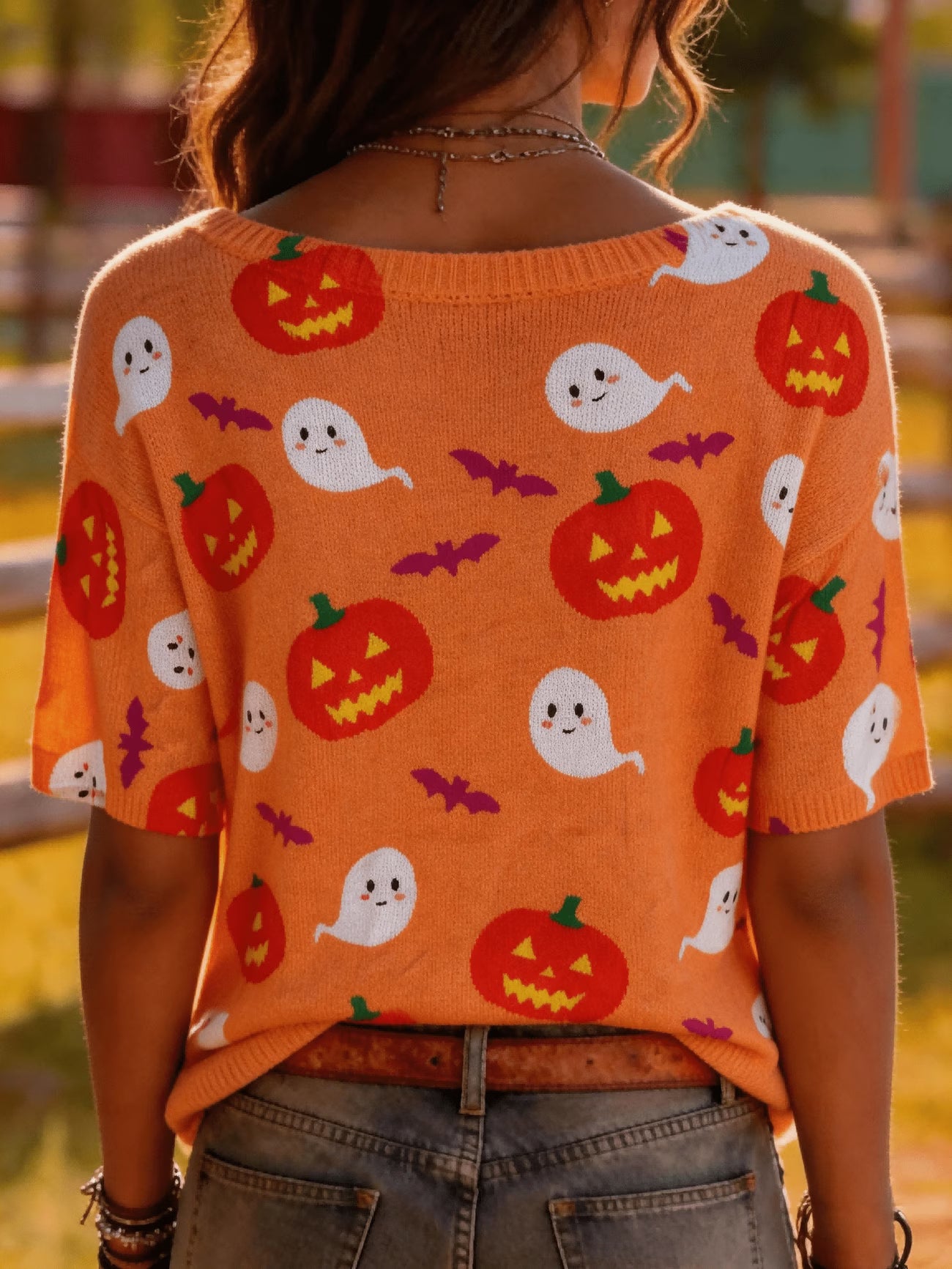 Jack-O'-Lantern & Purple Bat Print Lightweight Sweater Top