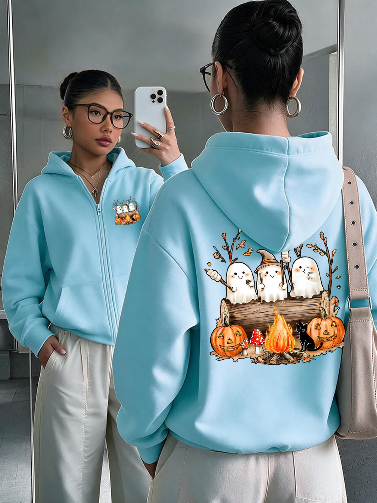 Halloween Cartoon Print Y2K Zip-Up Hoodie | Loose Hooded Cardigan Outerwear