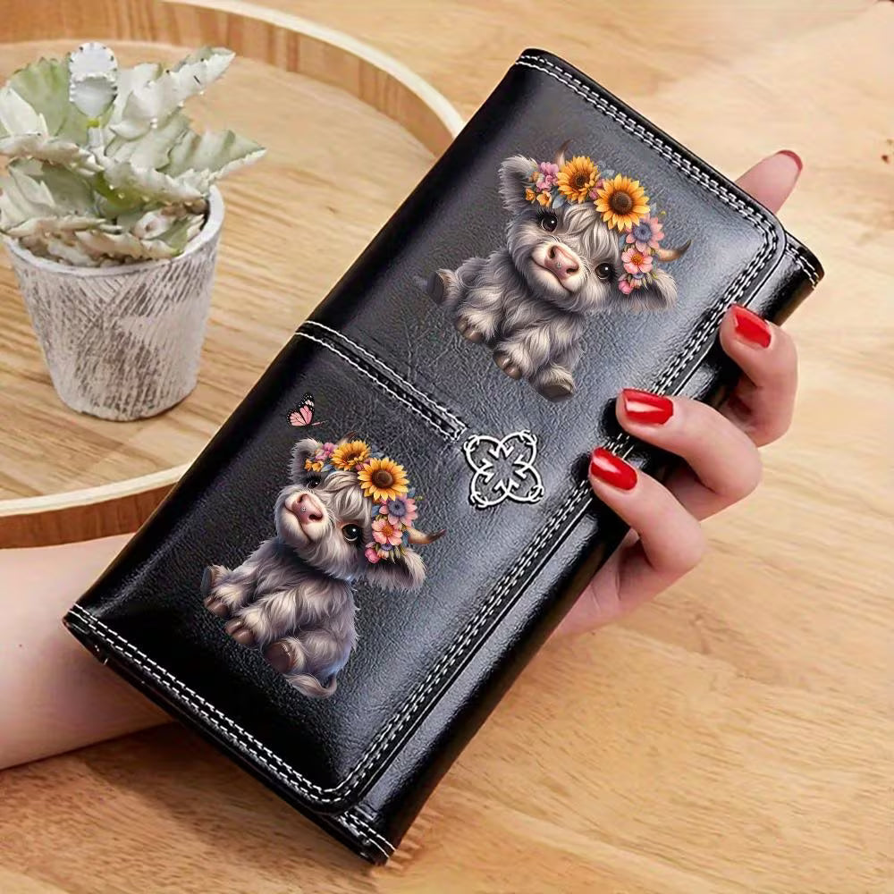 Vintage Tri-Fold Highland Cow Wallet – 2D Calf Print Long Clutch Purse