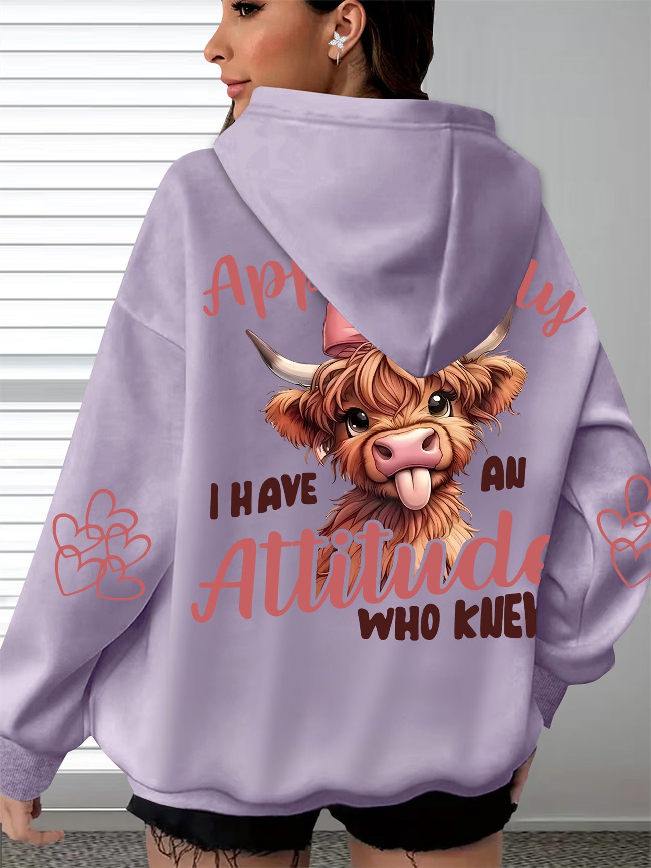 Cow Print 'I Have An Attitude, Who Knew' Women's Soft Casual Long-Sleeve Pocket Top hoodie