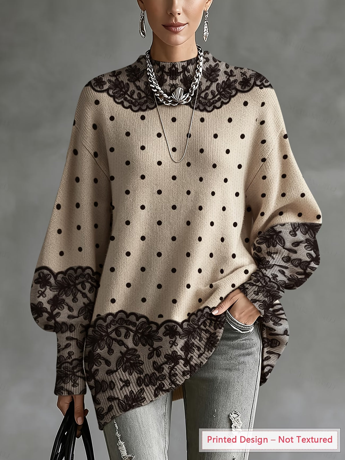 Women's Lightweight Polka Dot Sweater with Lace Trim