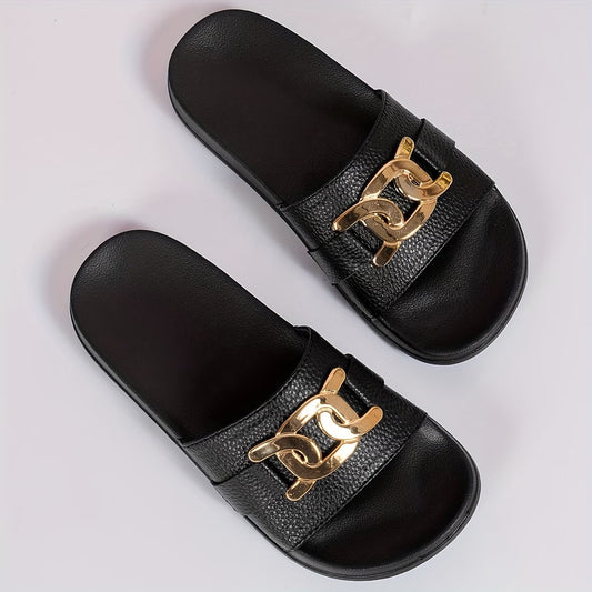 Golden Shiny Decorative Buckle Slide Sandals,