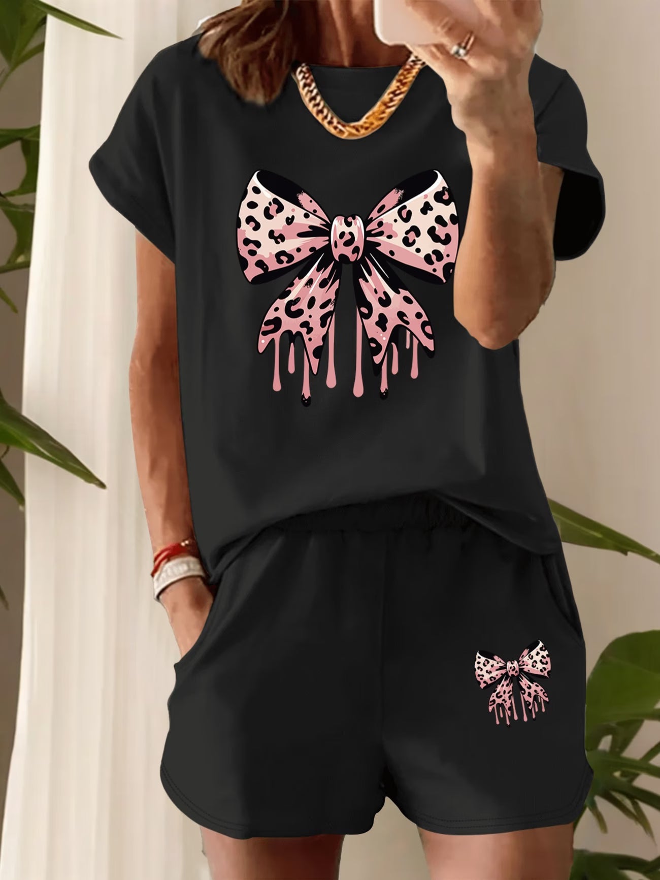 Bow & Leopard  Print Two-Piece Set – Round Neck Tee & High-Waist Shorts
