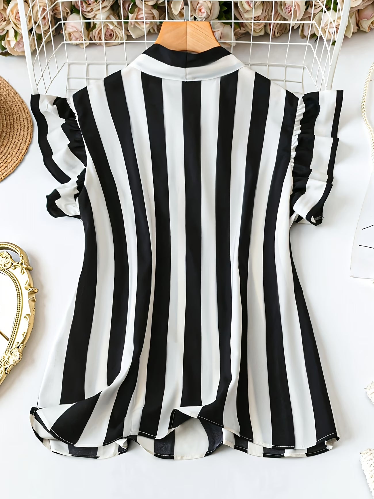 Plus Size Striped Tie-Neck Ruffle Sleeve Blouse