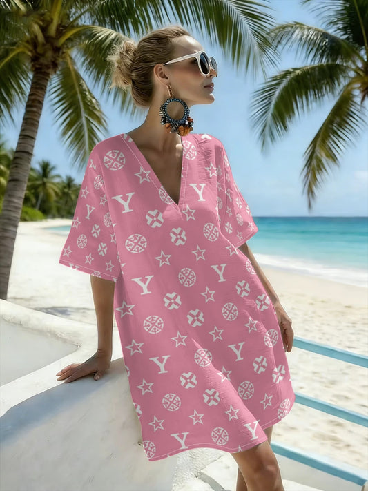 Sweet Style Pink Letter Print V-Neck Midi Dress