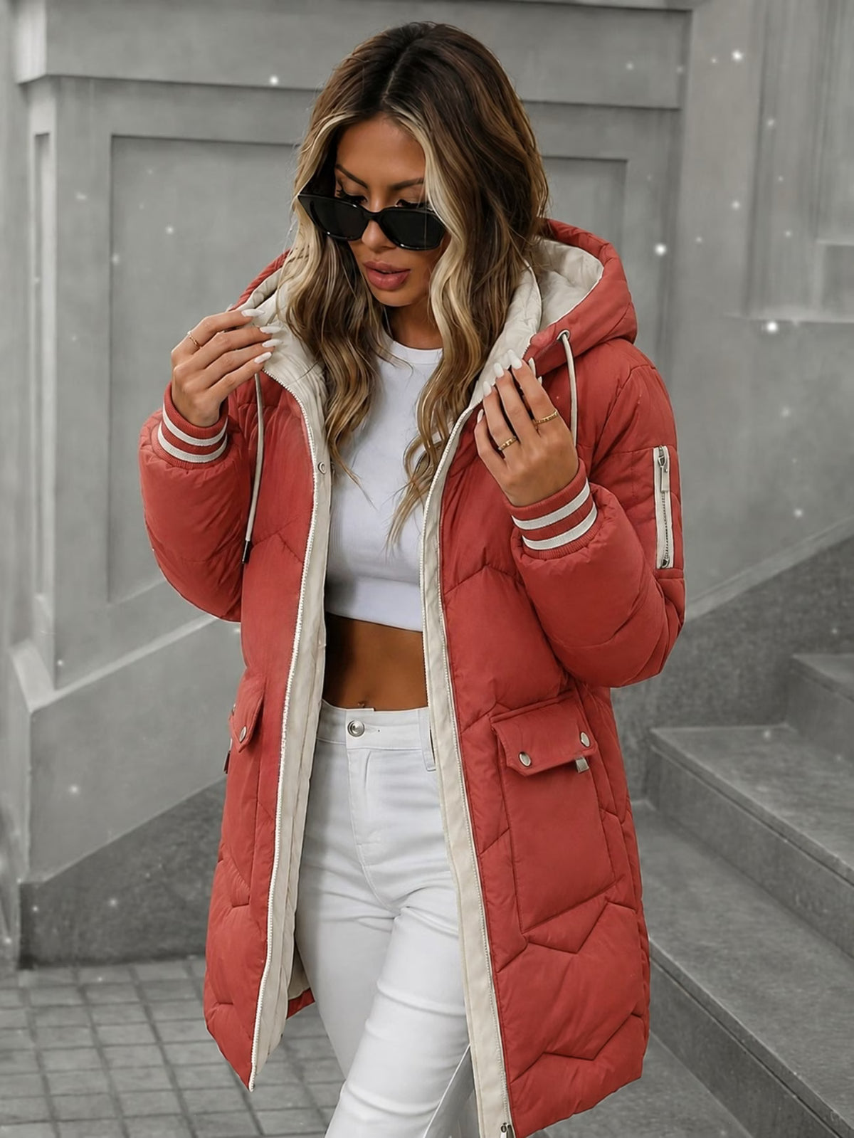 Women's Mid-Length Hooded Puffer Coat – Oversized Quilted Winter Parka