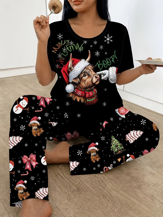 Women's Plus Size Christmas Highland Yak Print Pyjama Set