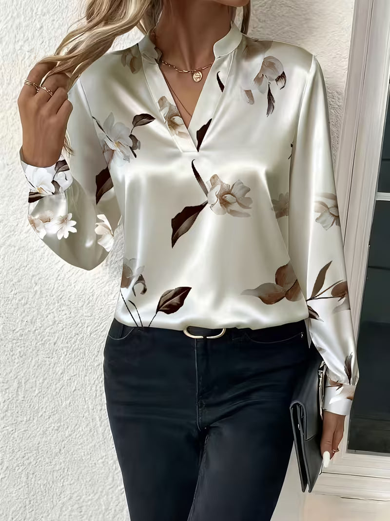 Silvery Gray Floral Print Satin V-Neck Long Sleeve Blouse
