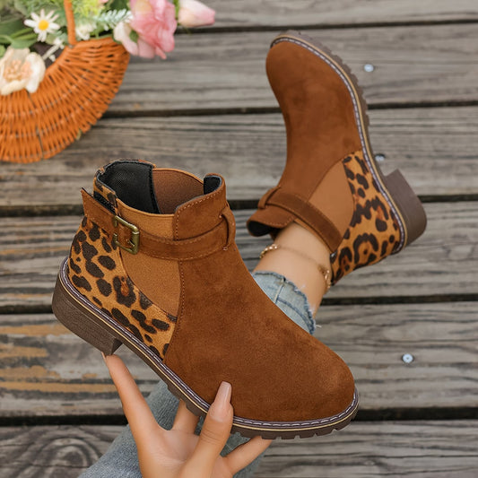 Women’s Leopard Print Chelsea Boots with Bronze-Tone Buckle