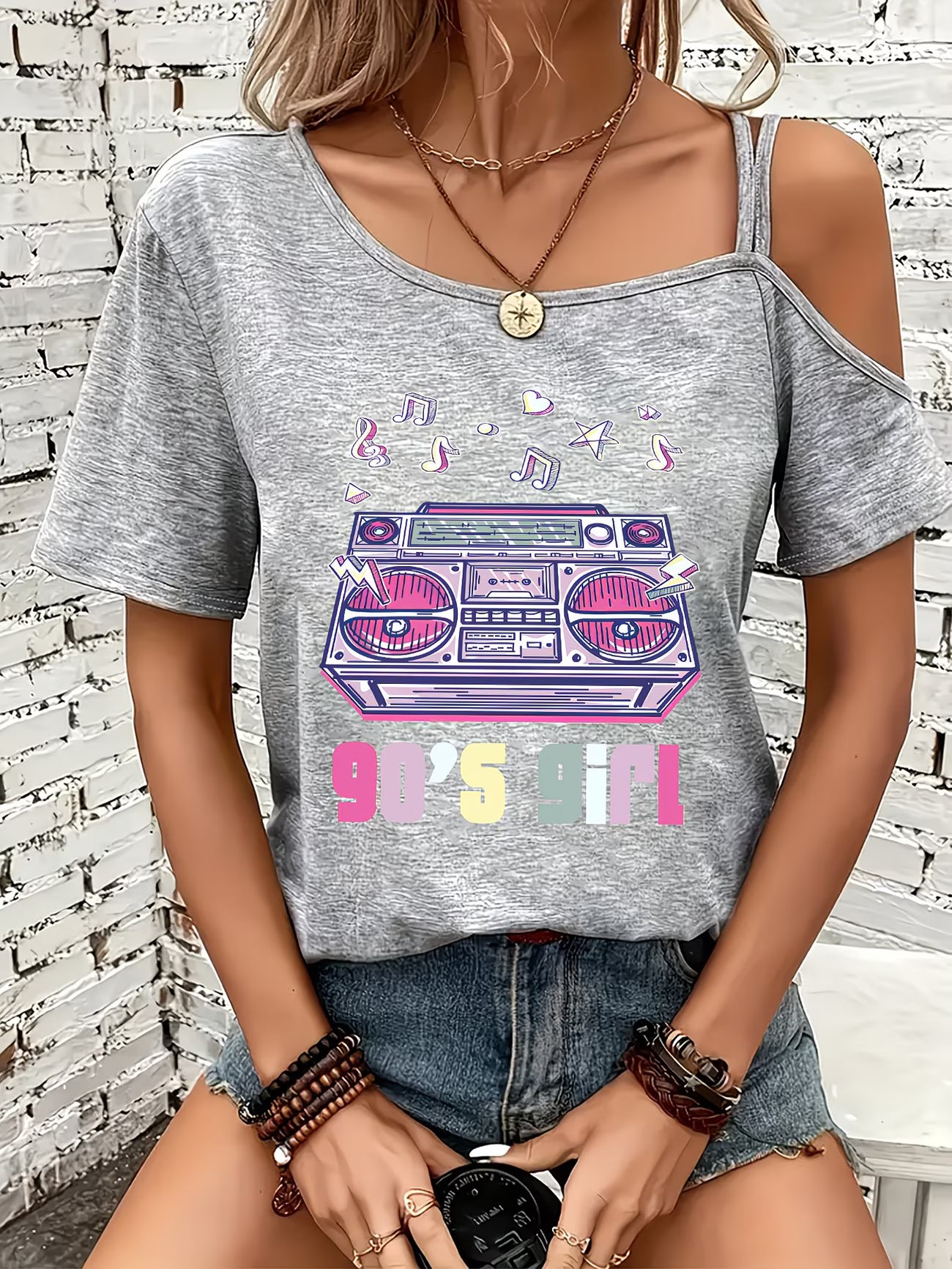 Retro Radio Print Off-Shoulder Top