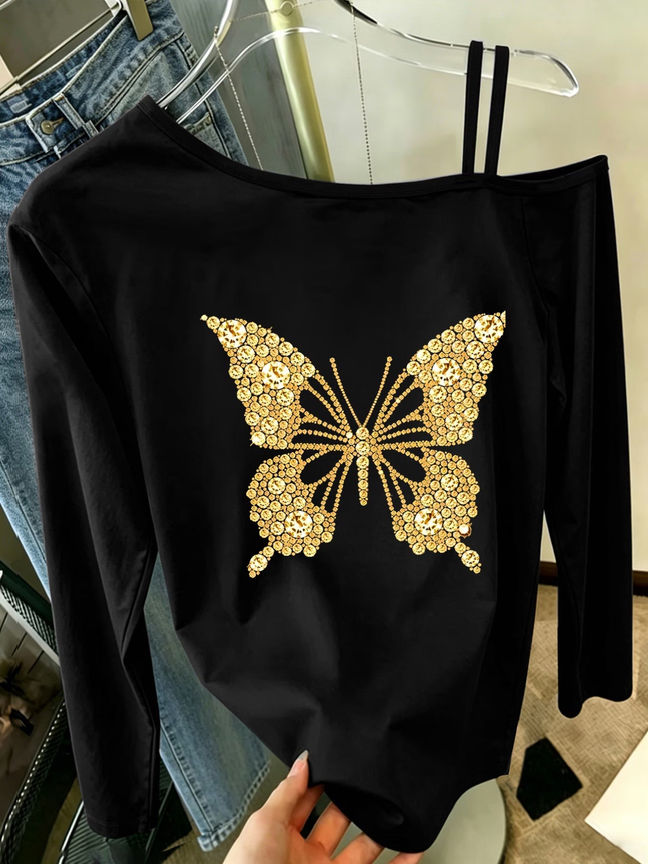 Shimmering Butterfly Off-Shoulder Top