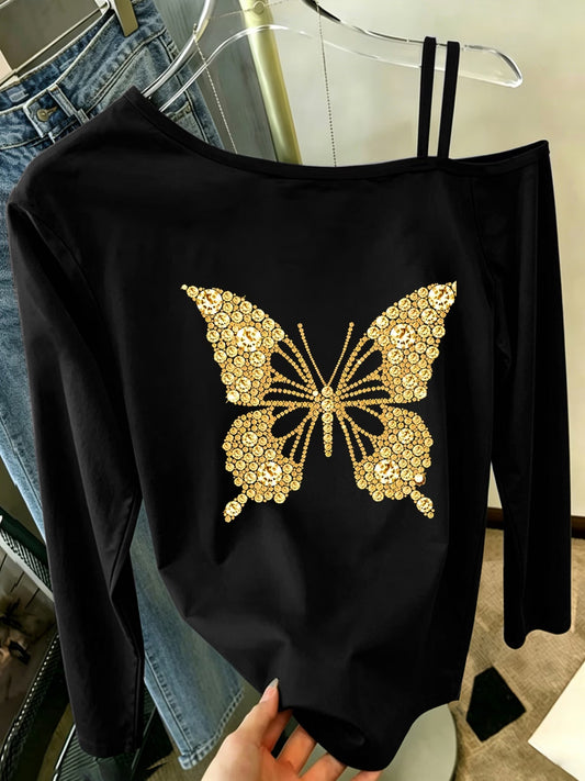 Shimmering Butterfly Off-Shoulder Top