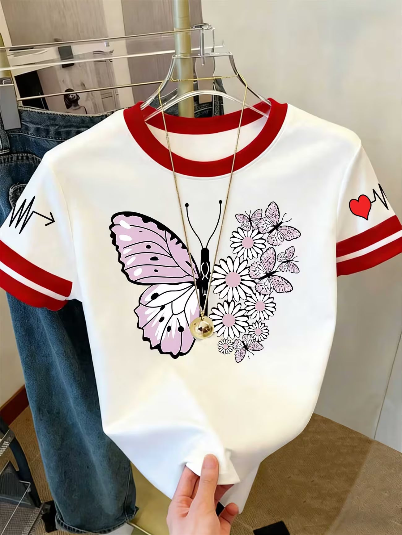 Soft Pink Butterfly & Daisy Print Short-Sleeve Blouse