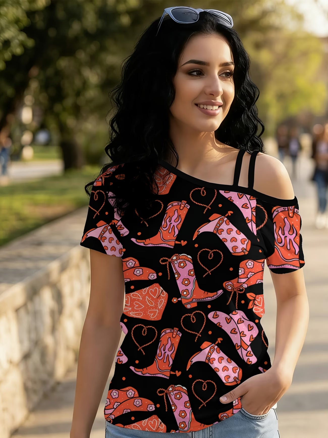 Women's One-Shoulder Short-Sleeve T-Shirt - Asymmetrical Cowboy Print Top with Asymmetrical Neckline