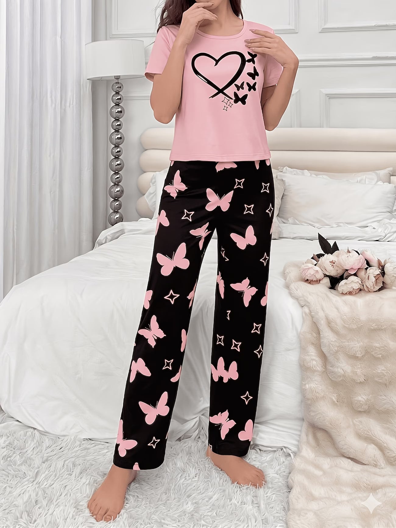 Love Butterfly Sleepwear Home Set | Short Sleeve Top & Elastic Waist Pants