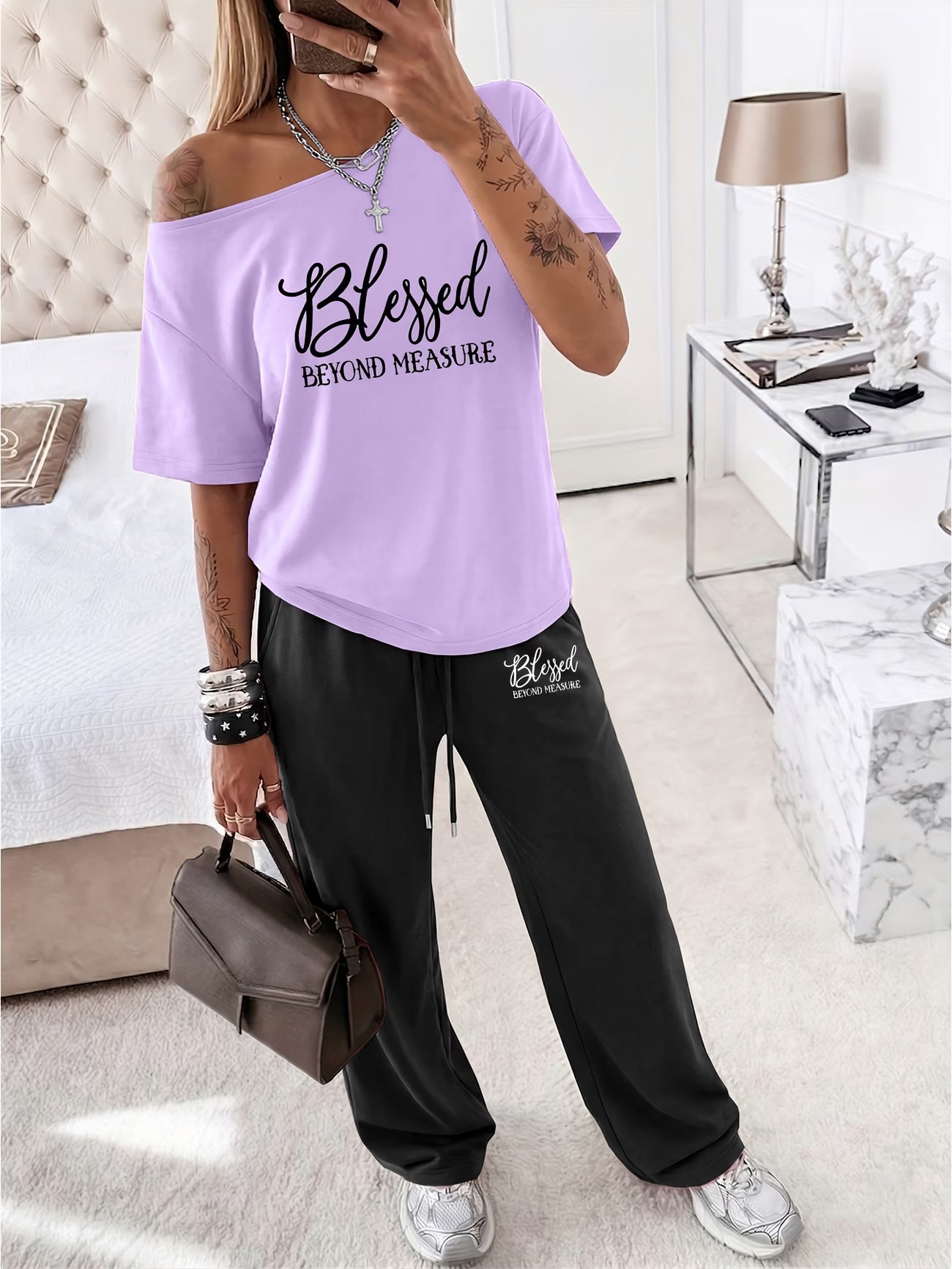 "Blessed Beyond Measure" Slogan Off-Shoulder Short Sleeve Top & Wide Leg Trousers Co-ord Set