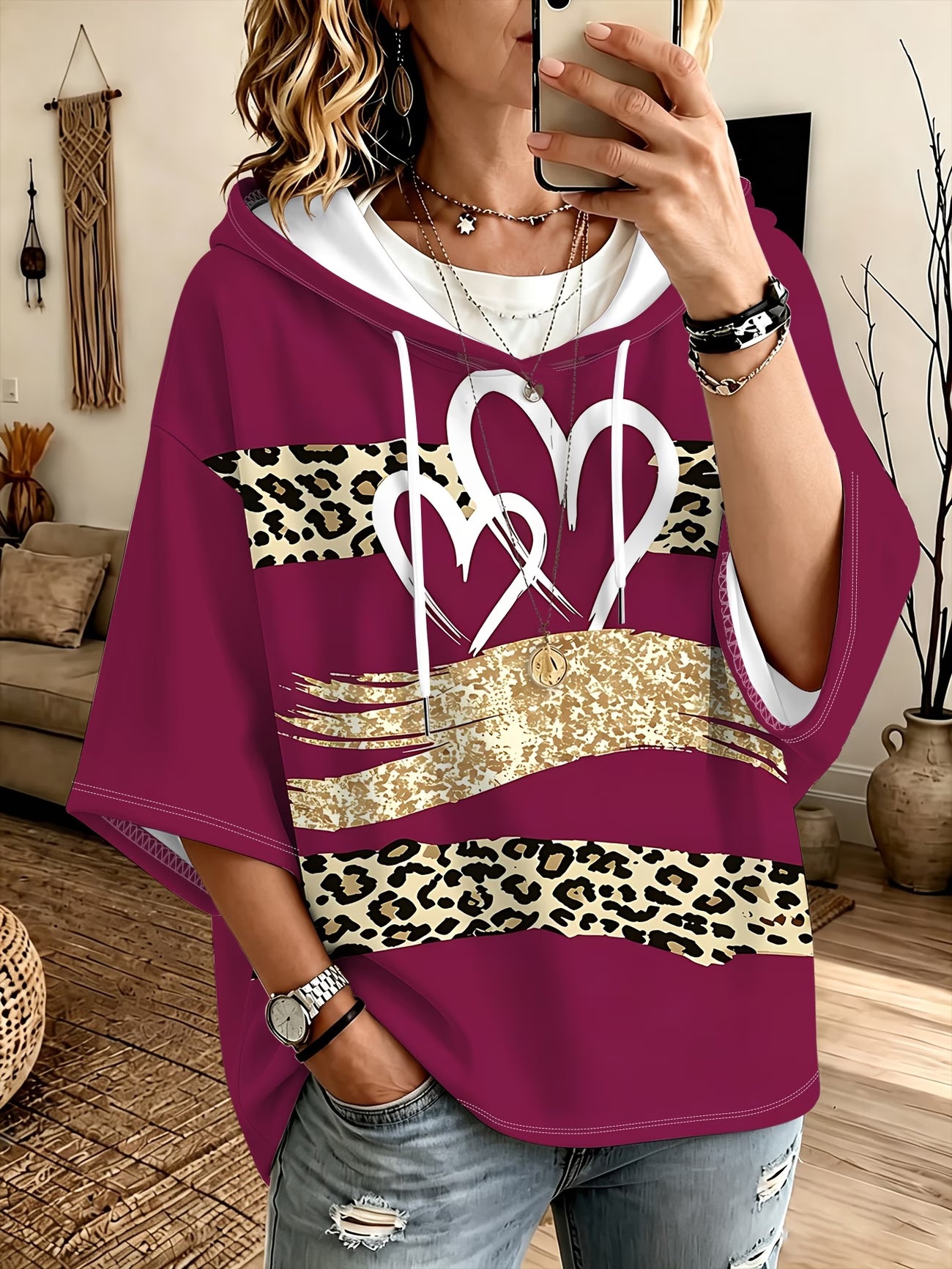 Purple & Red Leopard Striped Heart Print Three-Quarter Sleeve Hoodie