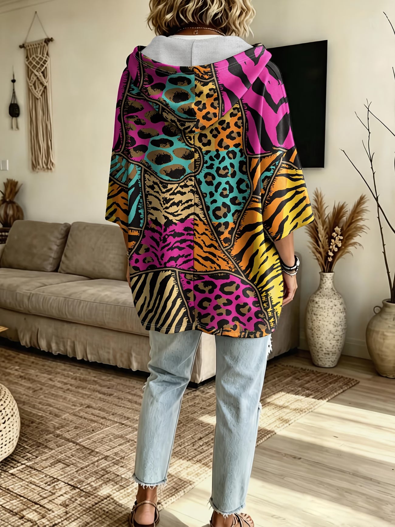 Plus-Size Leopard & Tiger Colour-Block Patchwork Hooded Pullover – Drop Shoulder Casual Hoodie