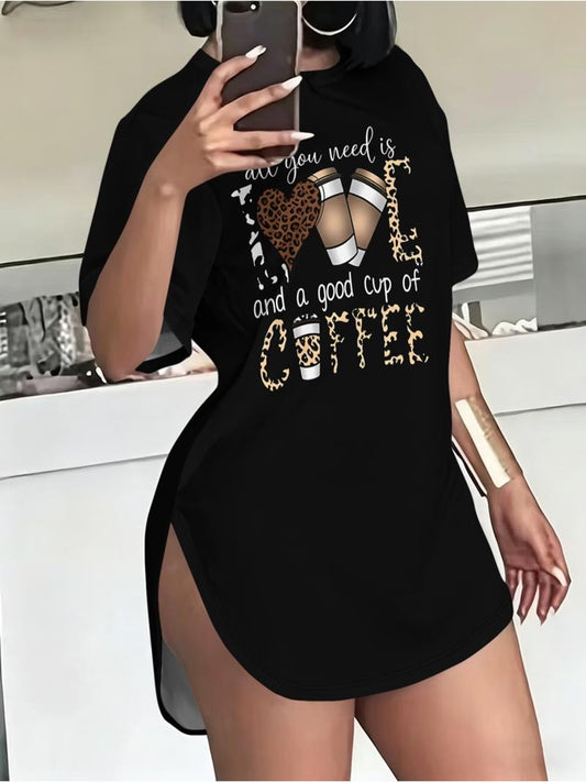 Black Graphic T-Shirt Dress with Leopard Print Heart & Coffee Cups