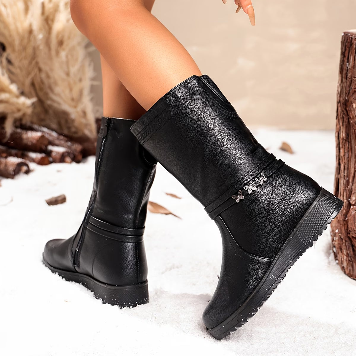 Women's Elegant Black Embroidered Mid-Calf Boots with Bow Buckle & Mid-Heel