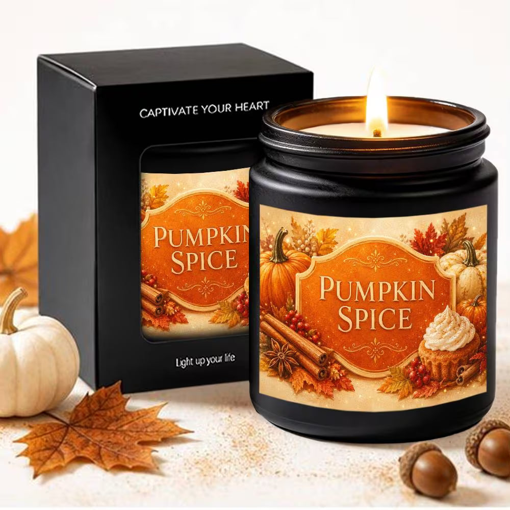 Pumpkin Spiced Scented Glass Jar Candle | Elegant Pumpkin Leaves Design