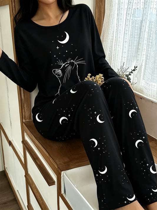 Women's Black & White Cat, Moon & Star Pyjama Set