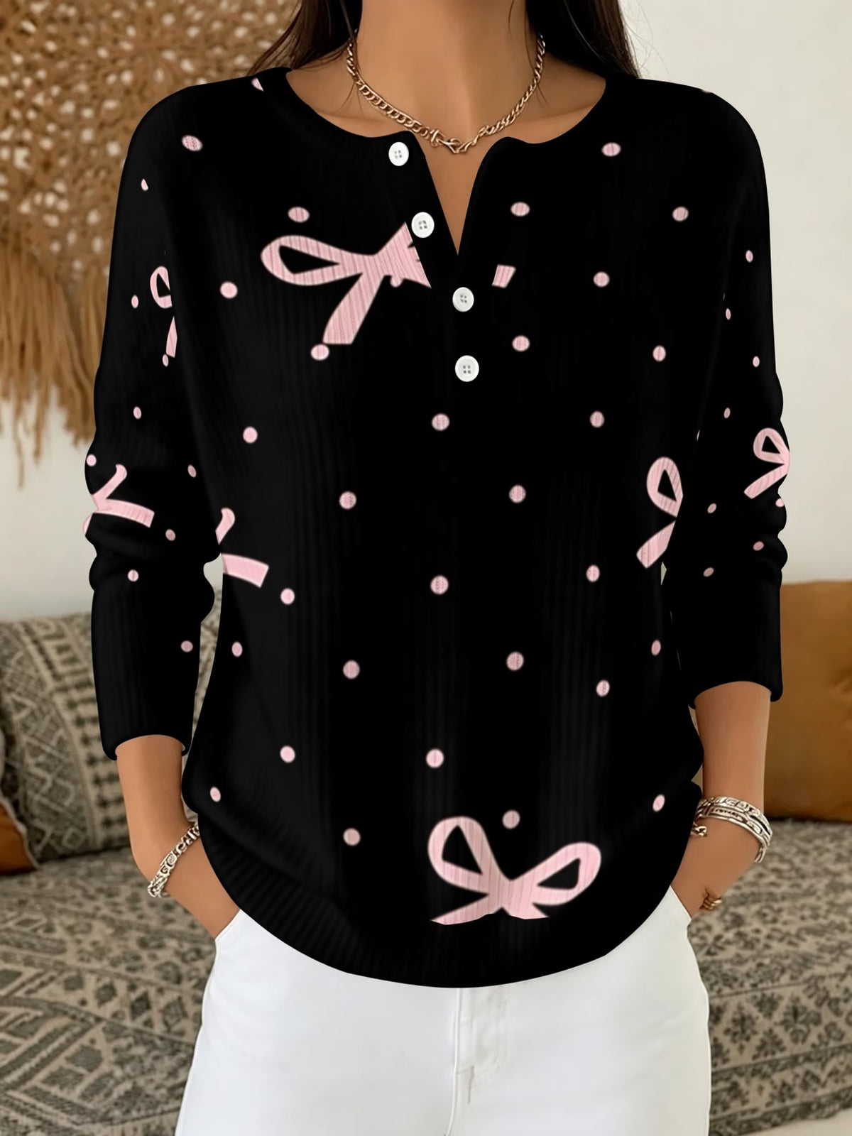 Women's Black Pullover with Pink Bows & Polka Dots