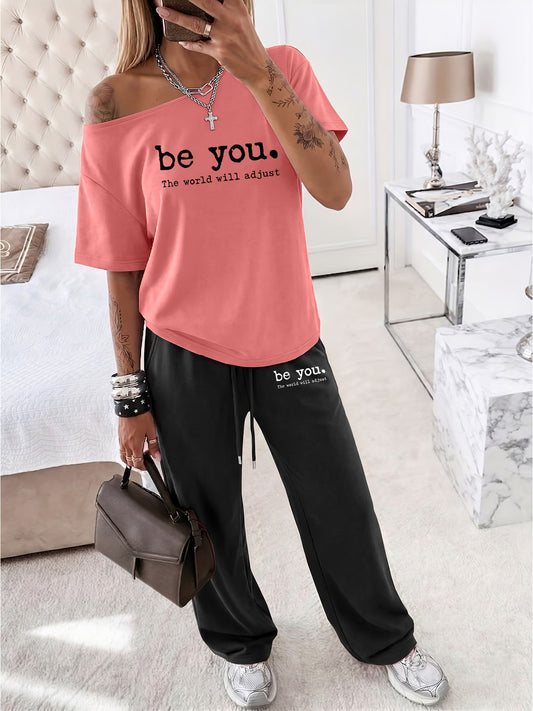 "Be You, The World Will Adjust" Slogan Off-Shoulder Top & Wide Leg Trousers 2-Piece Set
