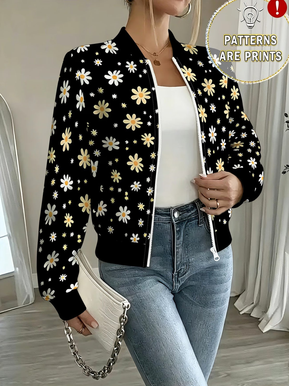 Women's Black Daisy & Star Print Zip-Up Baseball Jacket