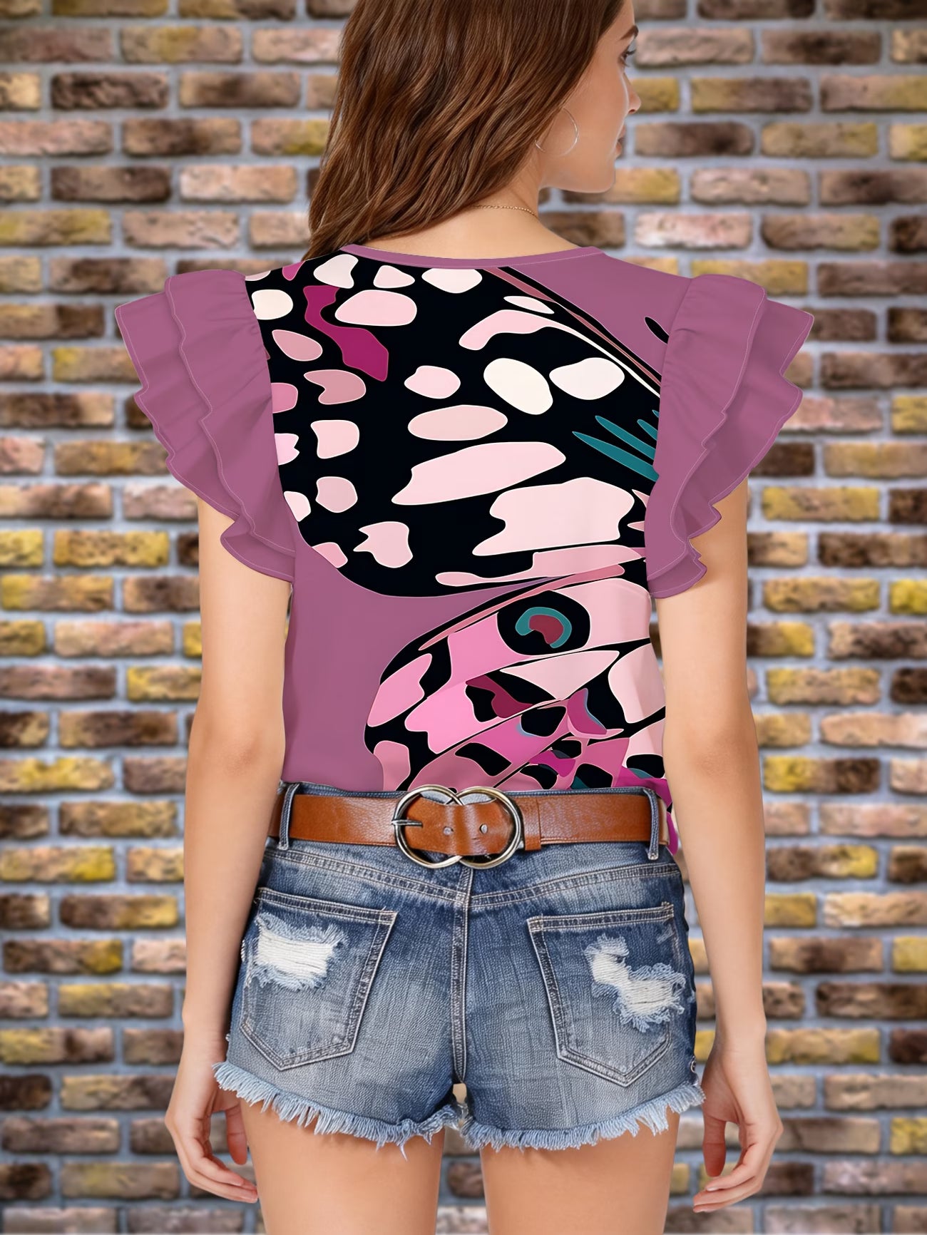 Lavender Abstract Leopard Print And Butterfly Design with Ruffled Short Sleeves
