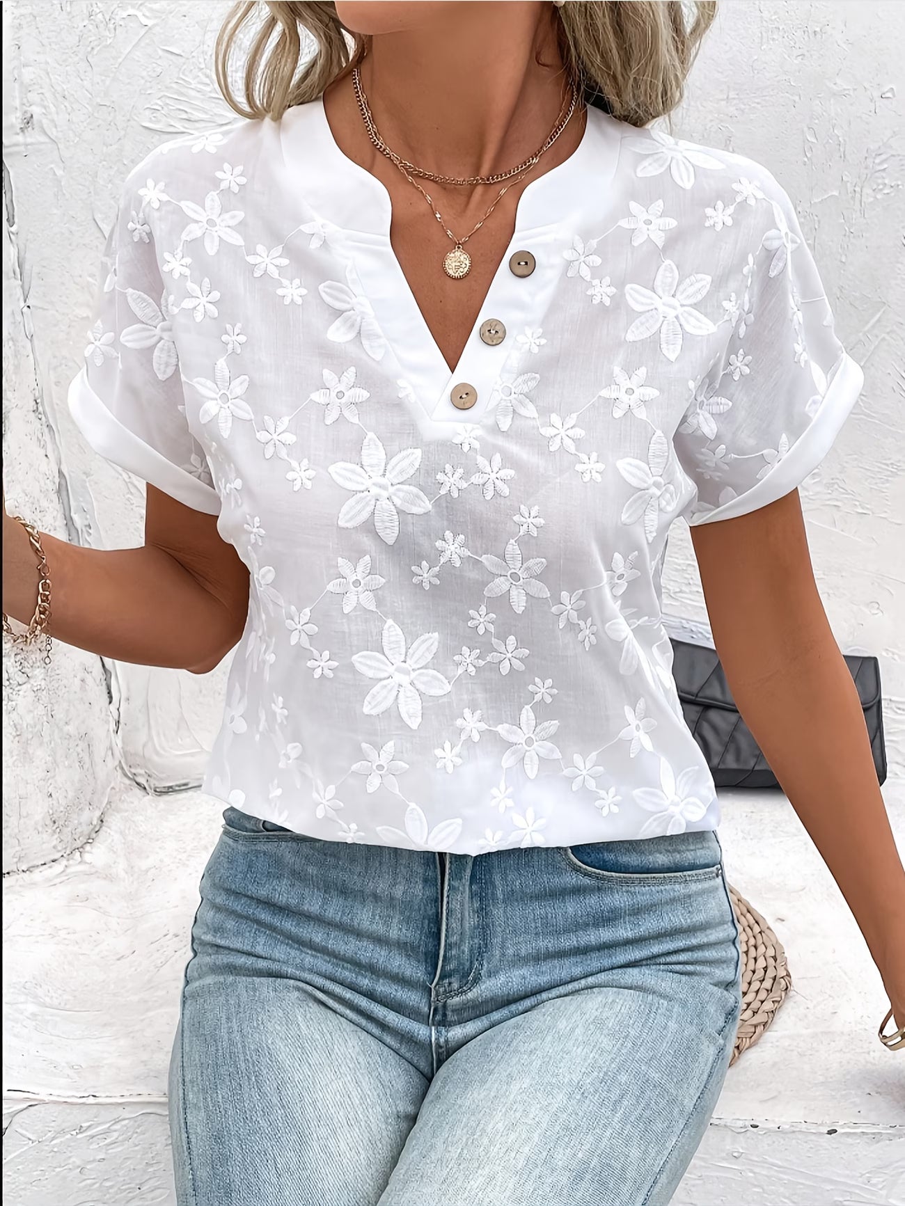 Women's Elegant V-Neck Woven Shirt — Semi-Sheer Polyester