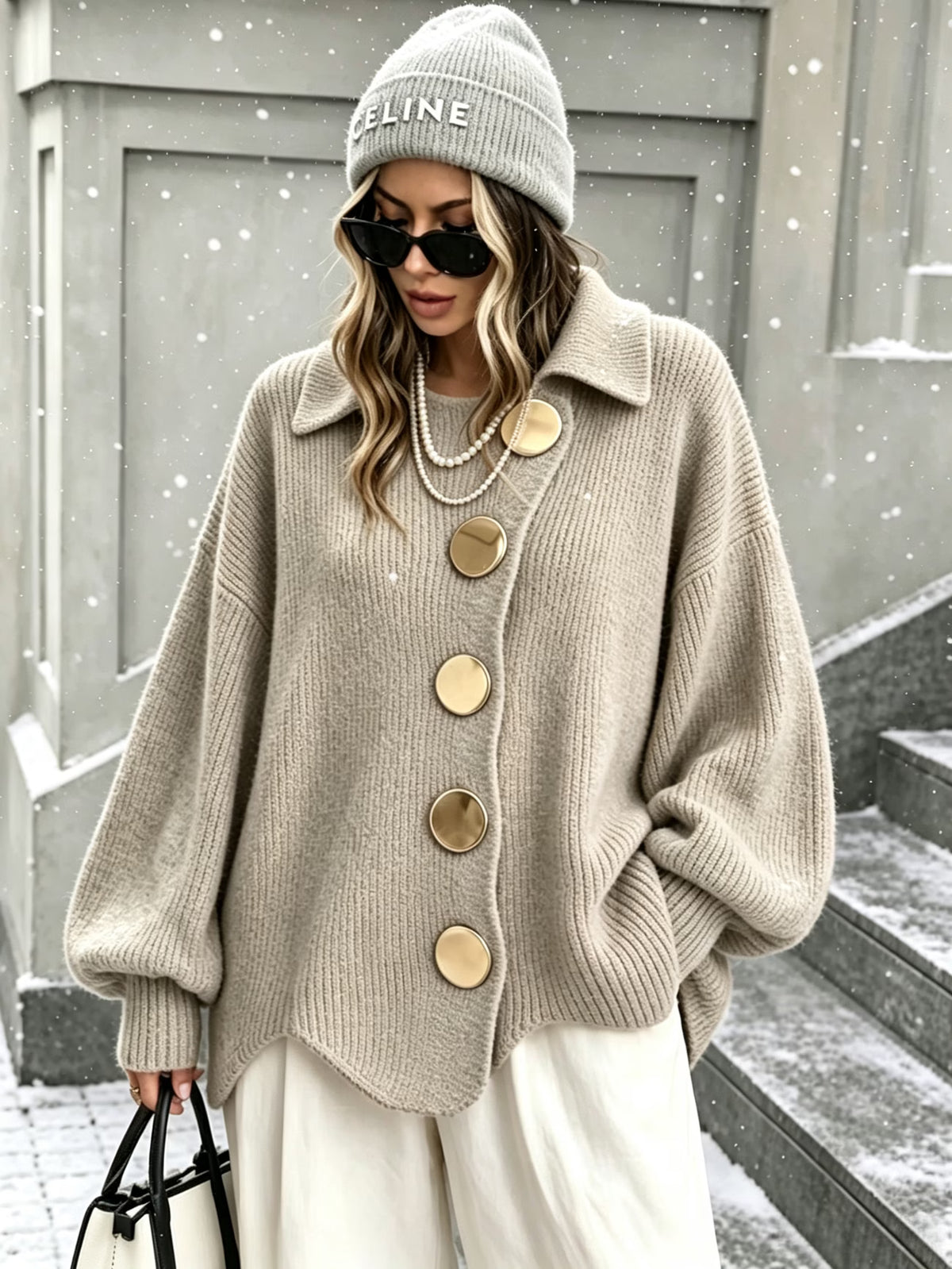 Women's Button-Up Cardigan – Lantern Sleeves, Asymmetric Lapel & Irregular Hem